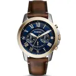 【FOSSIL】FS5150 羅馬字 皮錶帶 三眼計時男錶 藍/金 44MM 台南 時代鐘錶