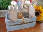 New Cottage Rustic Farmhouse Quart Mason Jar Set of 2 w/ Blue Wooden Crate Box