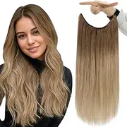Fshine Wire Hair Extensions Real Human Hair Golden Brown to Dirty Blonde Secret Wire Real Hair Extensions 14 Inch Full Head Remy Human Hair Transparent Fish Line Extensions Clip ins 70G