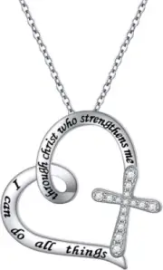 Sterling Silver Cross Heart Faith Necklace I can do all things through Christ