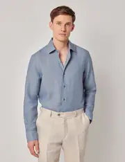 Hawes & Curtis Sea Blue Pure Linen Slim Shirt | One Piece Collar | Full Cutaway Size: Small