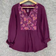 New St.John's Bay Top Women M Medium Burgundy Floral Roll Up Sleeve V Neck