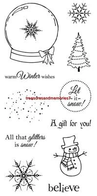 FISKARS Clear Stamps ALL THAT GLITTERS Snow Globe, Tree, Snow Man, Snow Flake