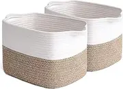 2 Pack Storage Basket for Organizing, 15''X10''X9'' Storage Bins, Rope Basket with Handles, Baskets for Gifts Empty, Blanket Basket for Living Room, Bedroom, Laundry, Nursery, Brown/White.