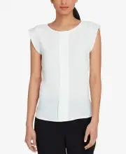 $135 Tahari Women'S Ivory White Flutter-Sleeve Pleated Crew-Neck Pullover Top M
