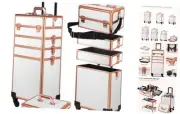 Rolling Makeup Case, Makeup Train Case with Lid, 5 in 1 Cosmetology White Gold