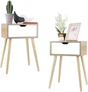 End Table Set of 2, Wood Nightstand with Drawer, Small Bedside Table for Living Room, Bedroom, Sofa Side (White & Natural Wood) ((White & Natural Wood))