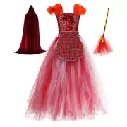 Kids Hocus Pocus Mary Sanderson Mesh Dress Girls Outfit Cloak Magic Wand
