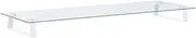 vidaXL White Modern Minimalist Monitor Stand - Clear Tempered Glass, and Metal Material - Ergonomic Desk Organiser with Extra Storage Space