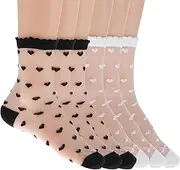 [Liooce] Ladies 6 Pairs Black & White Ruffled Heart Pattern Sheer Socks, Black and White, Medium