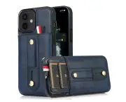 Hidden Card Slot Case for iPhone 12, with Leather Loop Strap - Dark Blue