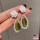 Women 925 Sterling Silver Earrings Studs Elegant 3D Rose Pearl Green Opal 0097