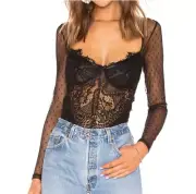 Bardot Small (4) Farrah Bodysuit Lace Open Back Black NWT Revolve Sold Out
