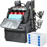 PLUSINNO Fishing Backpack with Rod Holders & Cooler, 45L Large Water-Resistant Fishing Tackle Bag,Fishing Tackle Backpack