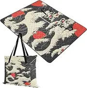 Yoogain Outdoor Play Mat Sand Resistant Beach Picnic Blanket for Adults Concert Blanket Japanese Style Red Sun Black White Clouds 60x80in