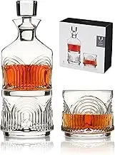 Viski Beau Stacking Set with Lowball Crystal Art Deco Cocktail Glasses Whiskey Decanter Set of 3, Clear