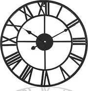 FENNVV 24 inch Large Metal Wall Clock, Indoor Outdoor Waterproof Modern Round Clocks, European Retro Roman Numeral Garden Clock Silent Battery Operated Decor, Office, Kitchen, Patio,Black