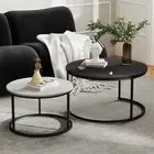 Nesting Tables Set of 2, 31.5" Round Coffee Table, 31.5" Wood Grain Black&white