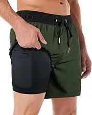 [Shukqueen] Men's Swim Trunks with Compression Liner 2 in 1 Quick Dry Swimming Shorts Stretch with Pocket Beach Shorts Blue