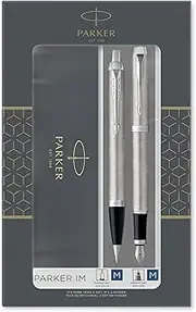 Parker IM Duo Gift Set with Ballpoint Pen & Fountain Pen | Stainless Steel Chrome Trim | Blue Ink Refill & Cartridge | Gift Packaging