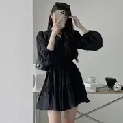 Long-Sleeve Tie-Neck Sashed Plain Mini A-Line Dress Black - One Size