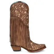 Corral Boots Caracas Fringe Glitter Tooled Inlay Snip Toe Cowboy Womens Brown D
