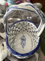 VTG Ceramic Basket Reticulated Lace Sides woven handle hand Painted Portugal