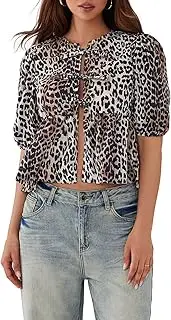 [Geagodelia] Women's Peplum Tie Front Top Ladies Cute Puff Sleeve Babydoll Top Blouse Summer Shirt Y2K Aesthetic Clothes Outfit Streetwear