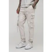 Mens Light Stone Tall Fixed Waist Multi Cargo Strap Detail Skinny Cargo Trousers