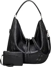 [Razzberry] Hobo Bag, Large Capacity Black Vegan Leather Tote Bag, Fully Lined with Tassels, Work Shoulder Handbags with Strap, 2 Piece Set