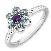 Sterling Silver Stackable Flower Ring Blue Topaz & Amethyst stones QSK858