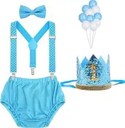WELROG Baby Boys First Birthday Cake Smash Outfit Bow Tie Suspenders Bloomers Birthday Hat Sparkle Gold