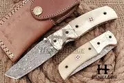 HUNTEX Handmade Damascus Blade, Camel Bone Handle, Hunting Tanto Pocket Knife