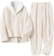 [Hooever] Women's Fluzzy Sherpa Fleece Pajamas Warm Pullover Lapel Sleepwear Sets