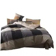 Plaid Duvet Cover 100% Cotton 3 Pieces Plaid Bedding Sets Checkered Queen Grey