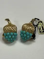 CROWN TRIFARI VINTAGE RARE TURQUOISE LUCITE BEAD OAK LEAF ACORNS EARRINGS 1960S