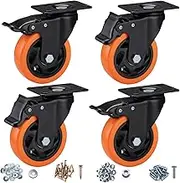 Castor Wheels, 100mm Castors, Heavy Duty Caster Wheels Set of 4 - ASRINIEY Swivel Castors with Brake (Plate), Casters and Wheels for Furniture Workbench, Non Marking Orange Polyurethane Trolley Wheels