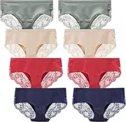 [LIQQY] Women's Cotton Underwear Hipster Cottontails Brief Full Coverage Briefs Mid Rise Lace Panties 8 Pack