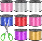 Swpeet 9Pcs 1/5" Wide x 100 Yards Curling Ribbon with Scissors Kit, 8 Colors Crimped Curling Ribbon Balloon Ribbon Gift Wrap for Gift Wrapping Party Festival Art Decoration Supplies