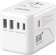LENCENT Universal Travel Adapter, GaN3 65W International Charger with 2 USB Ports & 3 USB-C PD Fast Charging Adaptor, Worldwide Wall Charger for iPhone, Laptop, USA/UK/EU/AUS, (White)