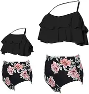 [KABETY] Girls Swimsuit Two Pieces Bikini Set Ruffle Falbala Swimwear Bathing Suits, Black, Small