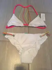 Beach Bunny Bikini Tri Top Skimpy Bottom White Astro Pop Size X Large Medium NWT