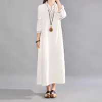 在飛比找ETMall東森購物網優惠-棉麻長袖連衣裙女2023新款秋裝民族風高端亞麻白色連身裙子中
