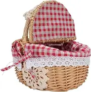 Picnic Basket, Empty Picnic Basket Decorative Linen Cotton Wicker Dual Opening Lid for Easter (Red Plaid)