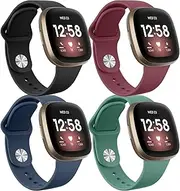 [WAESRY] [4 Pack] Silicone Bands for Fitbit Versa 3 Bands, Sense Band, Soft Adjustable Sport Replacement Wristbands Women/Men / Sense, Black + Navy Light Green Burgundy