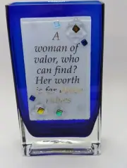 Beames Designs Cobalt Blue Art Glass Vase w/Fused White Panel A Woman Of Valor