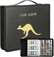 Coin Collection Book Holder for Collectors 260 Coin Pockets + 30 Bill Sleeves Coin Collection Storage Coin Album Coin Sorter Coin Book for Pennies Bills & Stamps with Secure Zipper & Handy Handle.
