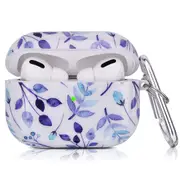 Apple Airpod Pro Case - Cute Flowers & Boho Floral Design Protective Shockproof Silicone Cover With Keychain Option - Supports Wireless Qi Charging for Airpods Pro Generation 1 - Blue Purple Leaves