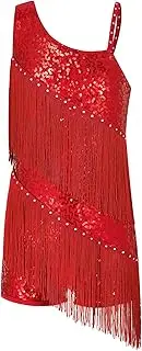 [Hedmy] Girls Sleeveless Oblique Straps Sequins Tassels Leotard Fringe Dress Latin Jazz Ballroom Dance Costume
