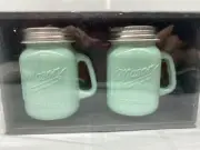 Mason Jar Jars Lt Green Opaque Glass Salt & Pepper Shaker Set W Handle TTU New